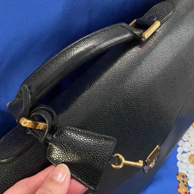 vintage CHANEL 古董香奈兒 黑色真皮魚子醬壓紋公事包 手提包 大容量-11