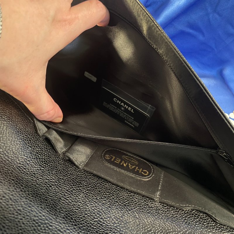 vintage CHANEL 古董香奈兒 黑色真皮魚子醬壓紋公事包 手提包 大容量-12