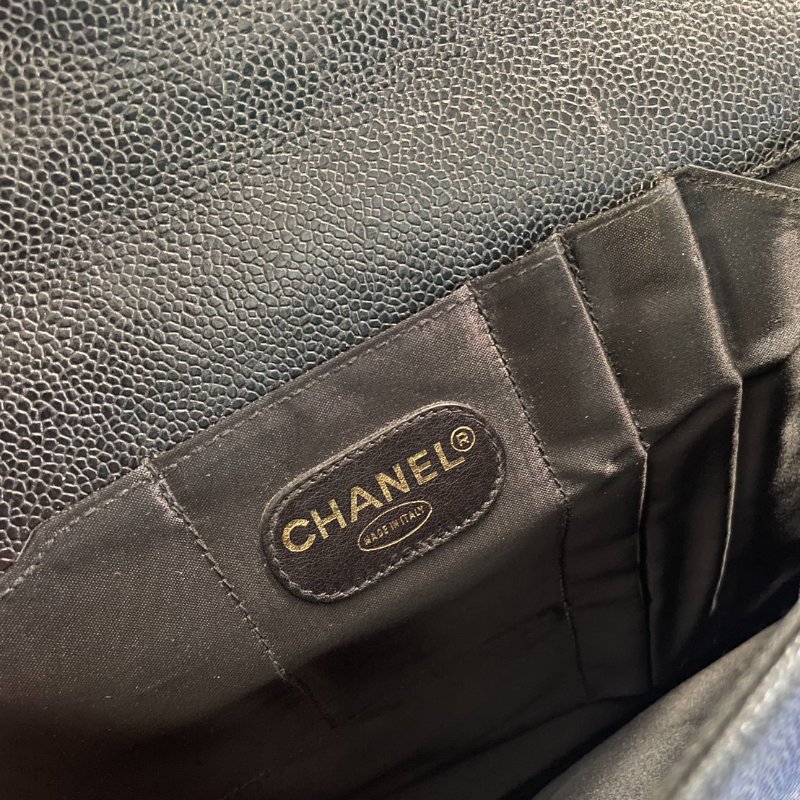 vintage CHANEL 古董香奈兒 黑色真皮魚子醬壓紋公事包 手提包 大容量-13