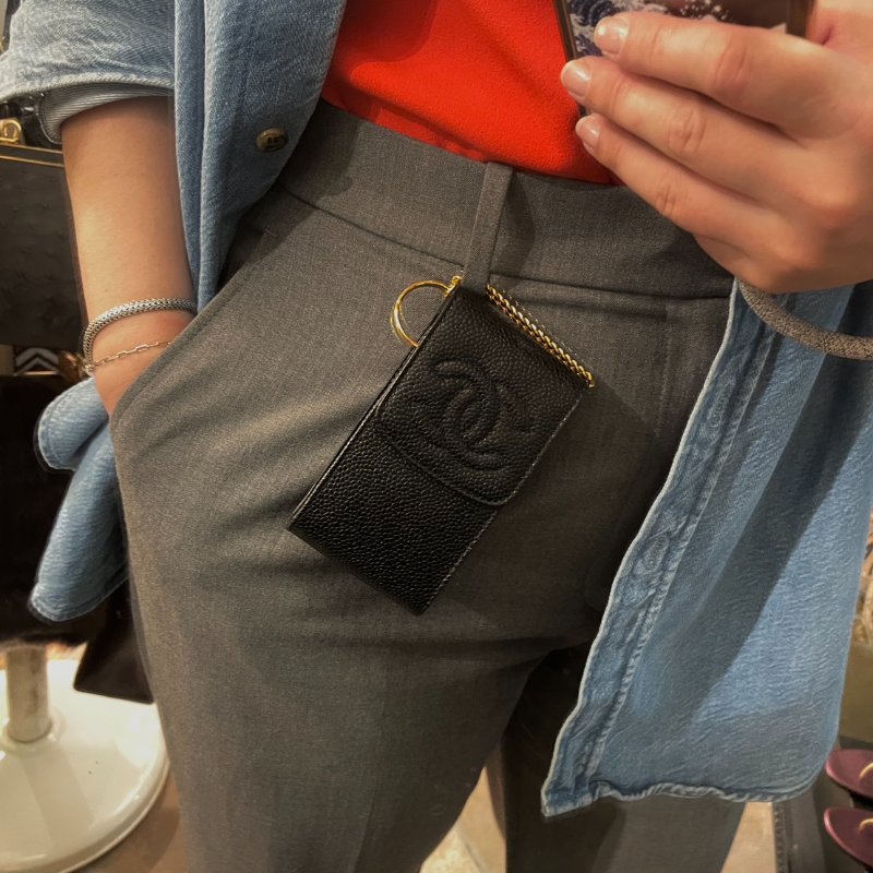 Vintage CHANEL 古董香奈兒 黑色真皮魚子醬壓紋鑰匙包 收納包-4