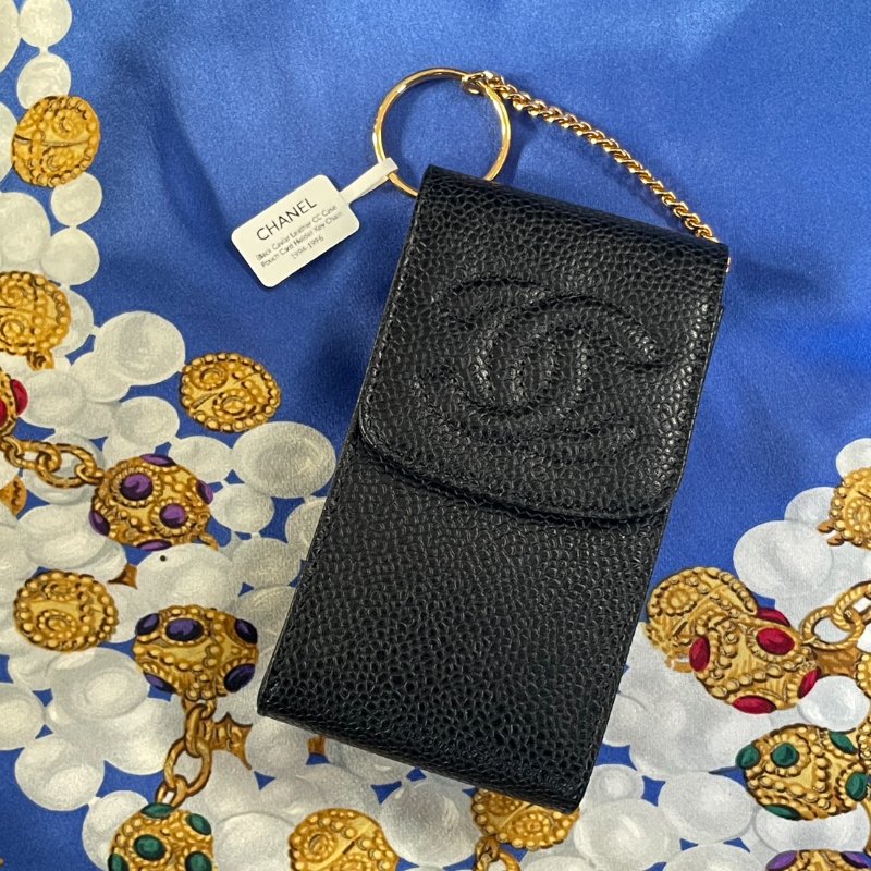 Vintage CHANEL 古董香奈兒 黑色真皮魚子醬壓紋鑰匙包 收納包-5