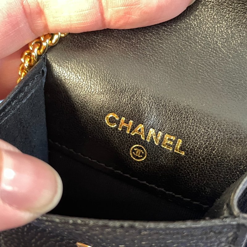 Vintage CHANEL 古董香奈兒 黑色真皮魚子醬壓紋鑰匙包 收納包-11