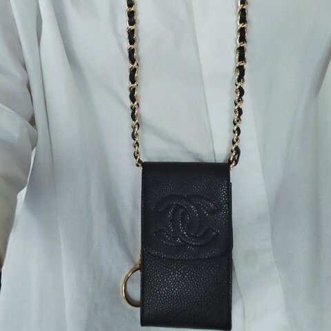 Vintage CHANEL 古董香奈兒 黑色真皮魚子醬壓紋鑰匙包 收納包
