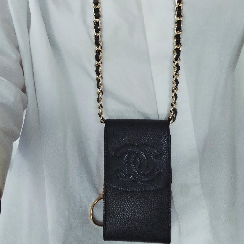 Vintage CHANEL 古董香奈兒 黑色真皮魚子醬壓紋鑰匙包 收納包-0