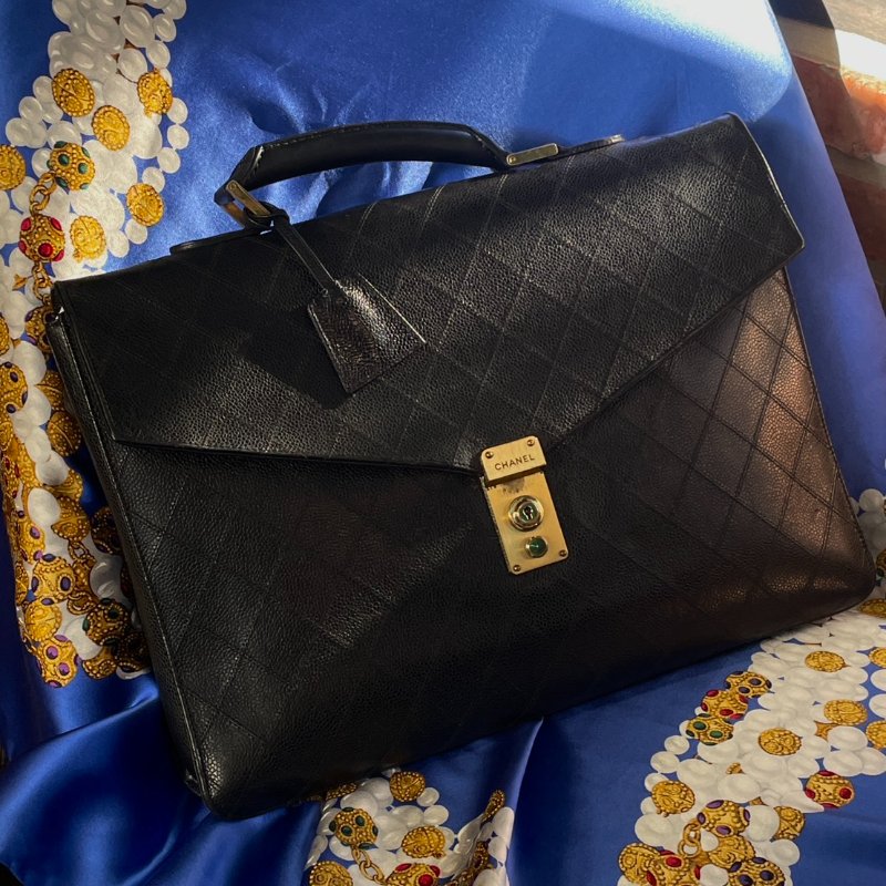 vintage CHANEL 古董香奈兒 黑色真皮魚子醬皮菱格車紋公事包 手提包 大容量-0