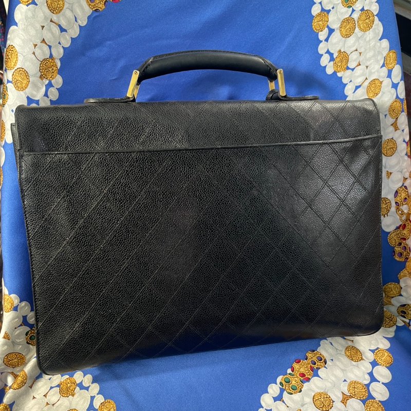 vintage CHANEL 古董香奈兒 黑色真皮魚子醬皮菱格車紋公事包 手提包 大容量-6