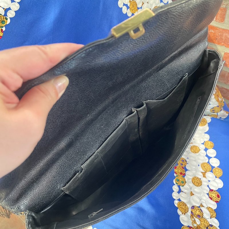 vintage CHANEL 古董香奈兒 黑色真皮魚子醬皮菱格車紋公事包 手提包 大容量-8