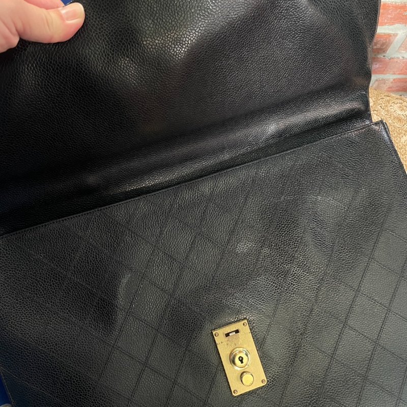 vintage CHANEL 古董香奈兒 黑色真皮魚子醬皮菱格車紋公事包 手提包 大容量-11