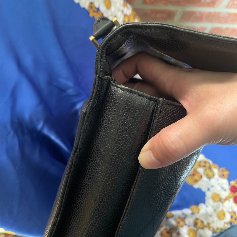 vintage CHANEL 古董香奈兒 黑色真皮魚子醬皮菱格車紋公事包 手提包 大容量-15