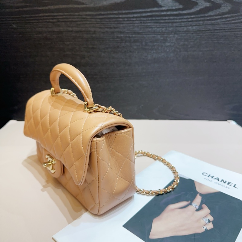 Chanel 深米色羊皮金釦coco Handle 20手提斜背包-3