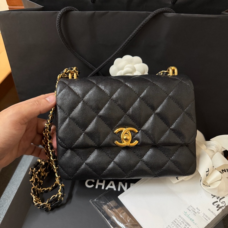 Chanel黑金方胖 荔枝牛皮/雙鏈條經典口蓋包 芯片款-0