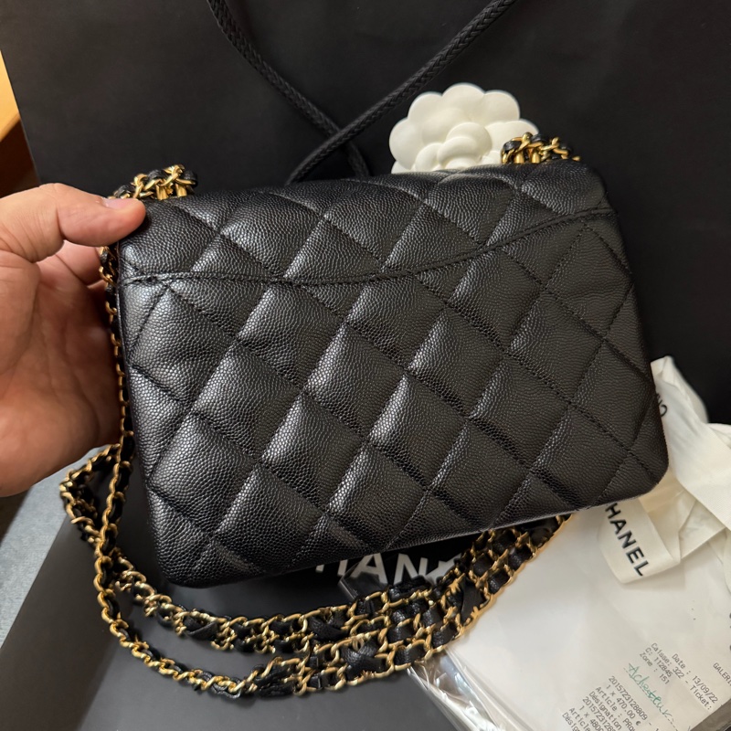 Chanel黑金方胖 荔枝牛皮/雙鏈條經典口蓋包 芯片款-1