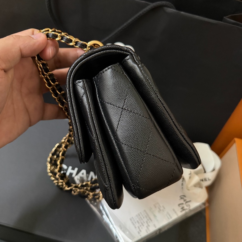 Chanel黑金方胖 荔枝牛皮/雙鏈條經典口蓋包 芯片款-2