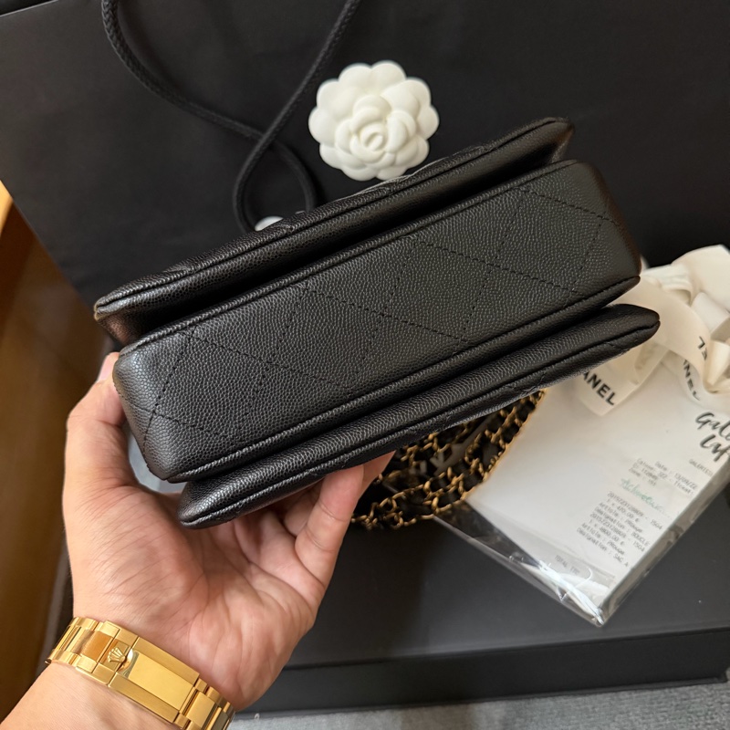 Chanel黑金方胖 荔枝牛皮/雙鏈條經典口蓋包 芯片款-3
