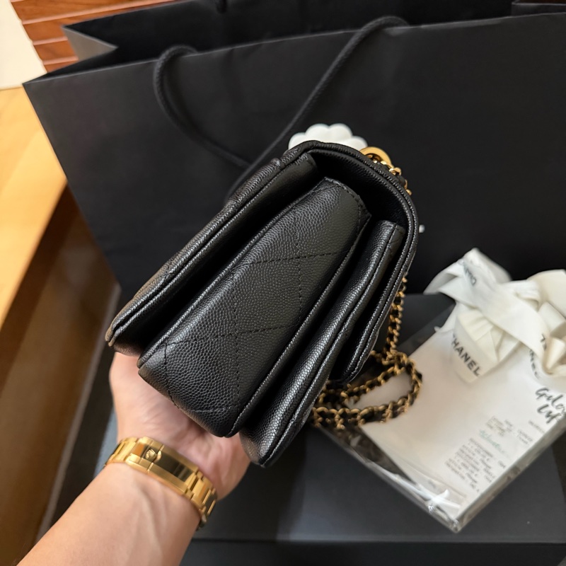 Chanel黑金方胖 荔枝牛皮/雙鏈條經典口蓋包 芯片款-4