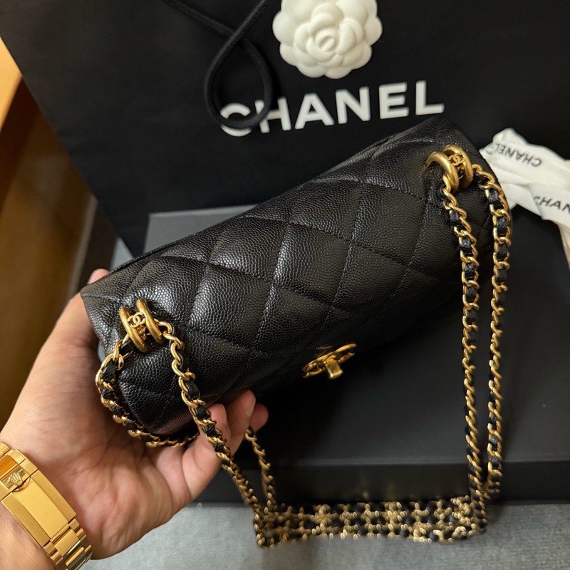 Chanel黑金方胖 荔枝牛皮/雙鏈條經典口蓋包 芯片款-5