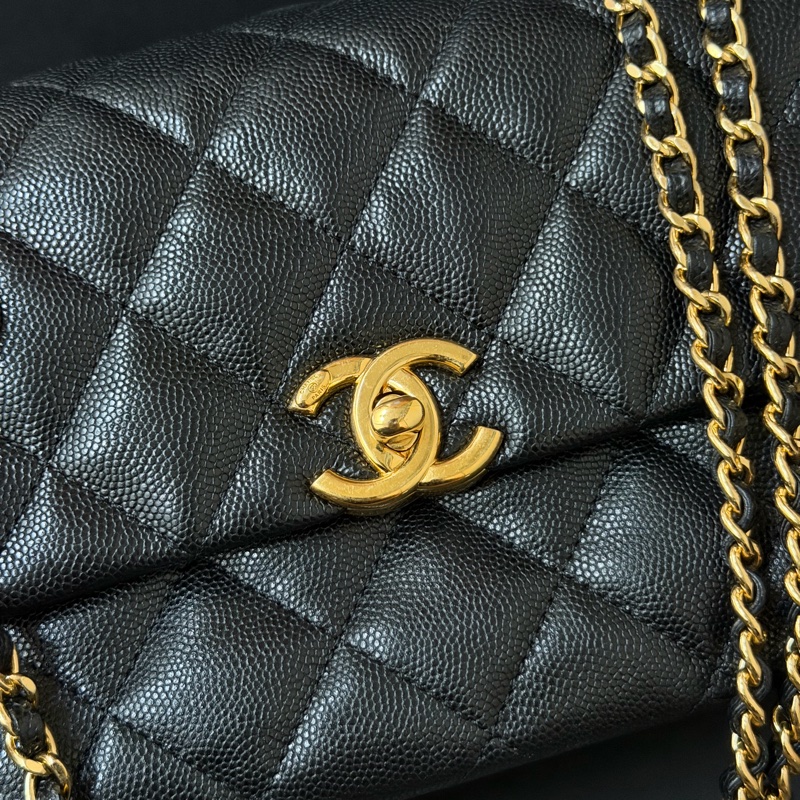 Chanel黑金方胖 荔枝牛皮/雙鏈條經典口蓋包 芯片款-6