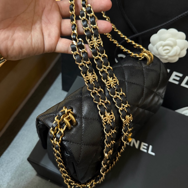 Chanel黑金方胖 荔枝牛皮/雙鏈條經典口蓋包 芯片款-7