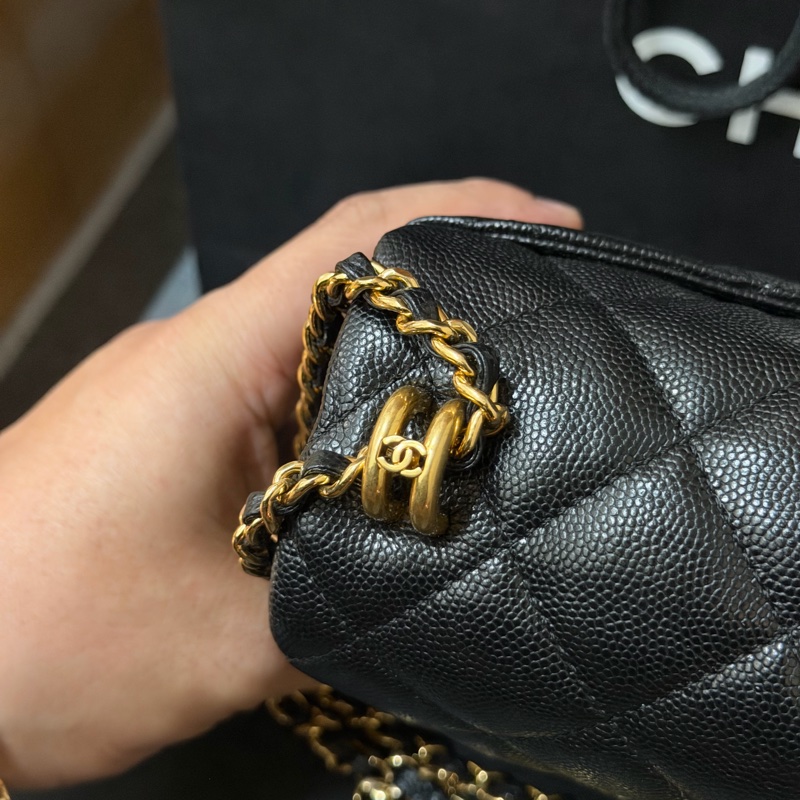 Chanel黑金方胖 荔枝牛皮/雙鏈條經典口蓋包 芯片款-8