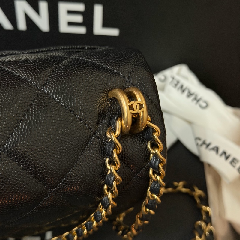 Chanel黑金方胖 荔枝牛皮/雙鏈條經典口蓋包 芯片款-9