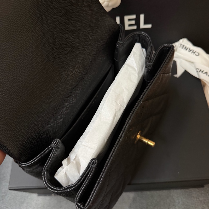 Chanel黑金方胖 荔枝牛皮/雙鏈條經典口蓋包 芯片款-12