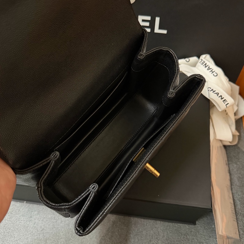 Chanel黑金方胖 荔枝牛皮/雙鏈條經典口蓋包 芯片款-13