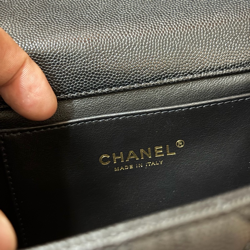 Chanel黑金方胖 荔枝牛皮/雙鏈條經典口蓋包 芯片款-14