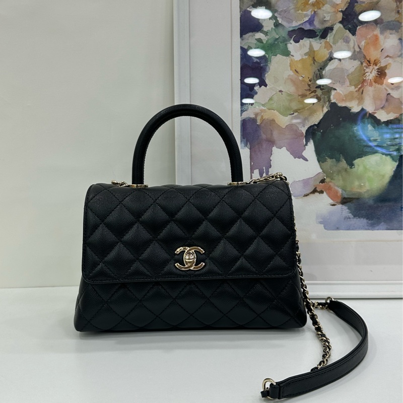 Chanel香奈兒Coco handle小號黑金荔枝皮晶片款 21年晶片 閒置未使用-1