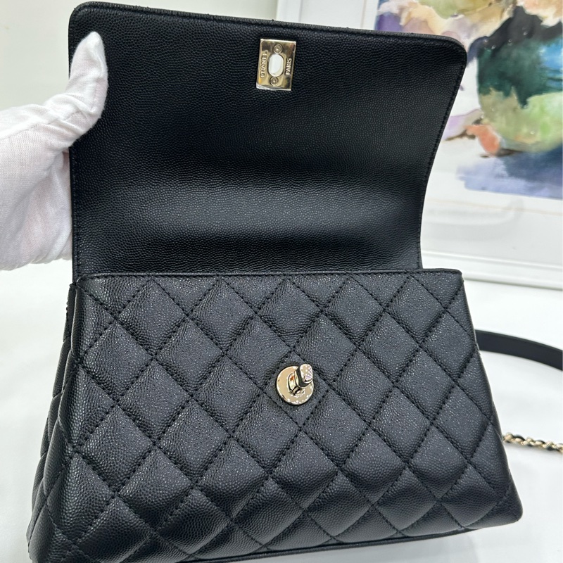 Chanel香奈兒Coco handle小號黑金荔枝皮晶片款 21年晶片 閒置未使用-6
