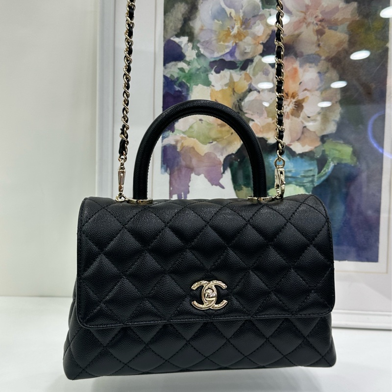 Chanel香奈兒Coco handle小號黑金荔枝皮晶片款 21年晶片 閒置未使用-7