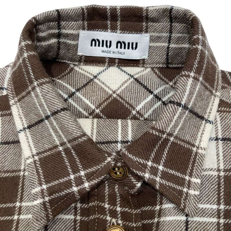 MIUMIU 繆繆 羊毛格紋短版襯衫 棕色 SIZE 36-2