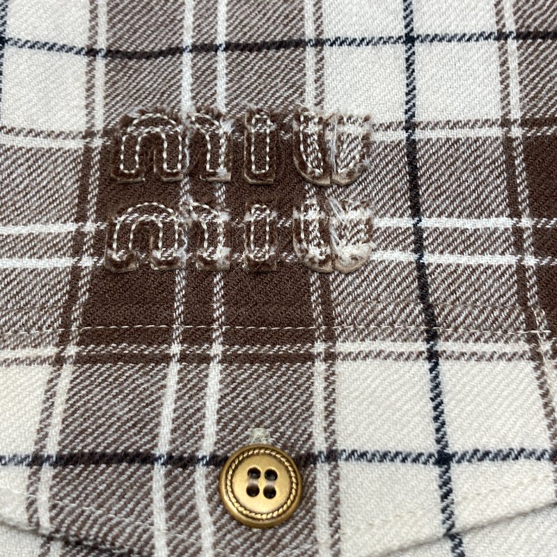 MIUMIU 繆繆 羊毛格紋短版襯衫 棕色 SIZE 36-3