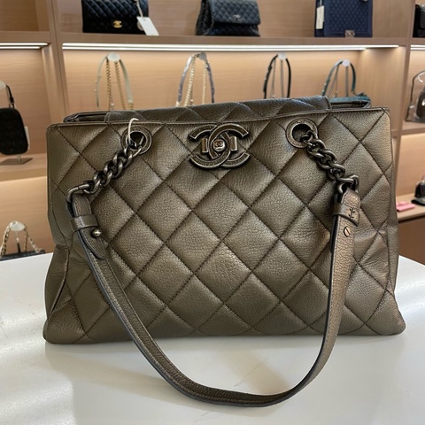 chanel 灰银色 荔枝纹牛皮 复古做旧 托特包