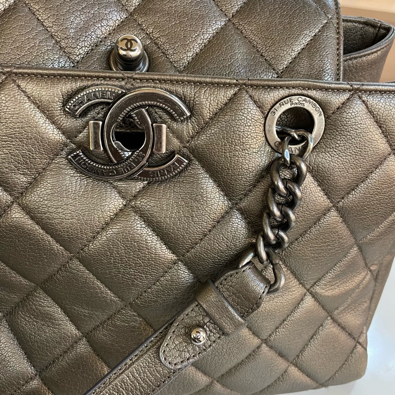 chanel 灰银色 荔枝纹牛皮 复古做旧 托特包-9