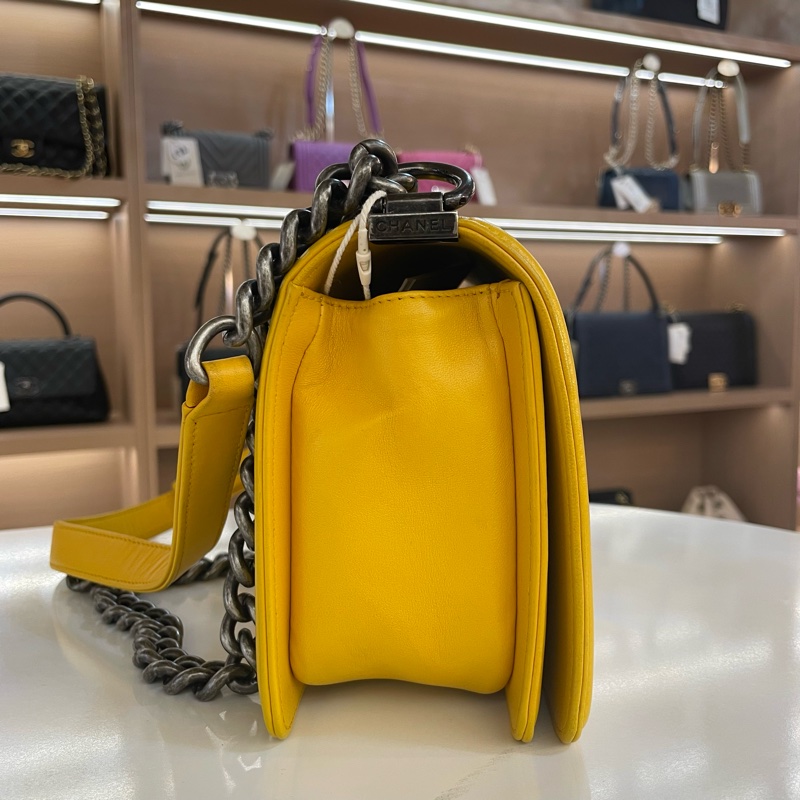 Chanel香奈儿Leboy中號 黄色银扣 经典菱格纹设计链条包-3