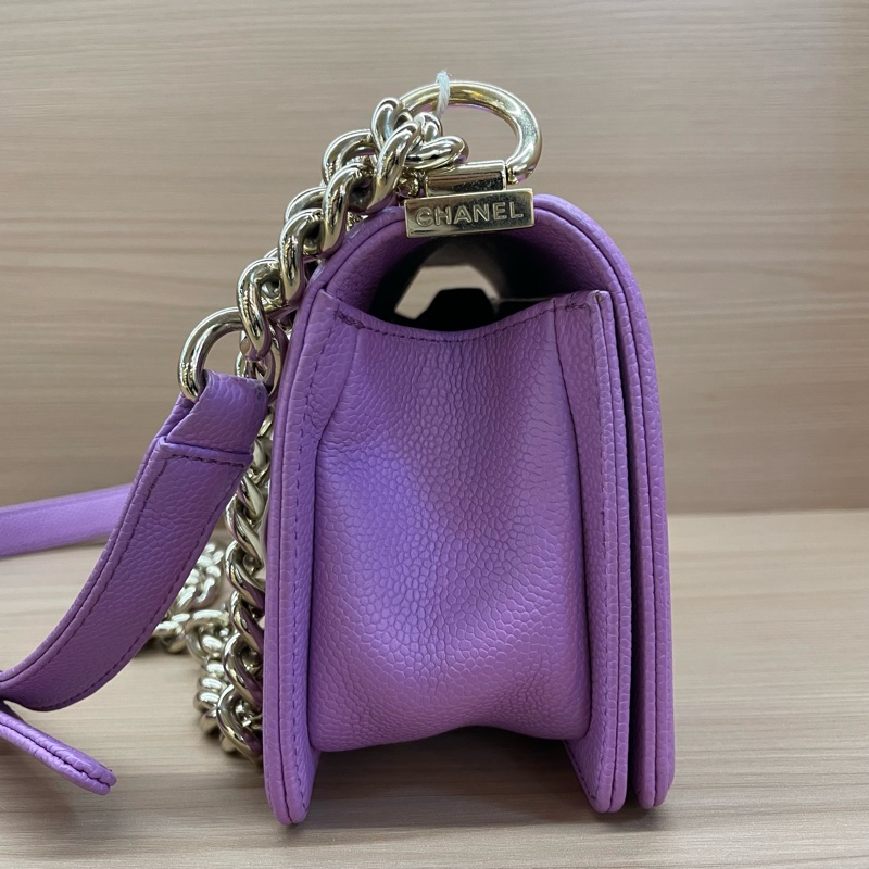 Chanel/香奈儿 leboy 小号 紫色金扣荔枝牛皮链条包 29開-3