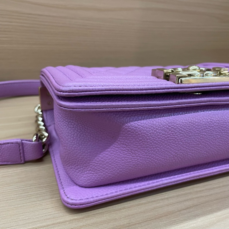 Chanel/香奈儿 leboy 小号 紫色金扣荔枝牛皮链条包 29開-5