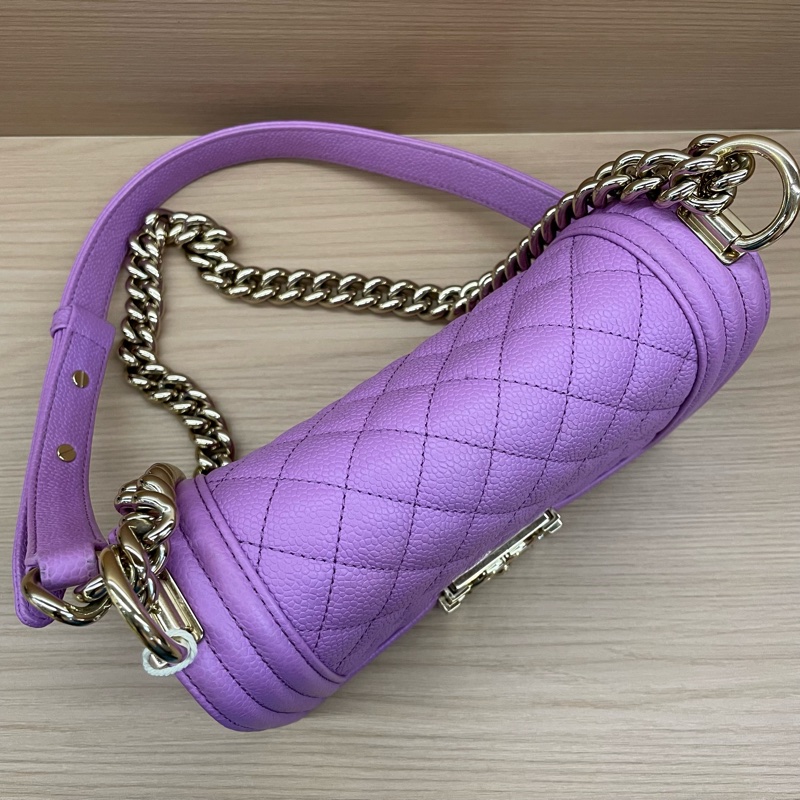 Chanel/香奈儿 leboy 小号 紫色金扣荔枝牛皮链条包 29開-9