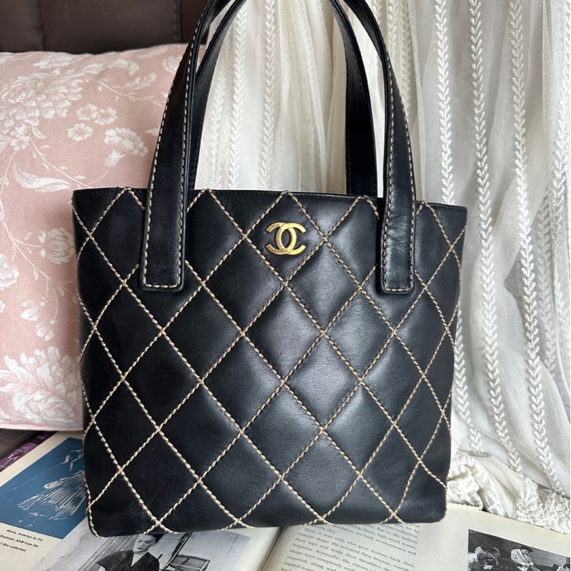 香奈兒 中古 黑色 菱格皮革托特包 包包 chanel vintage tote bag-0