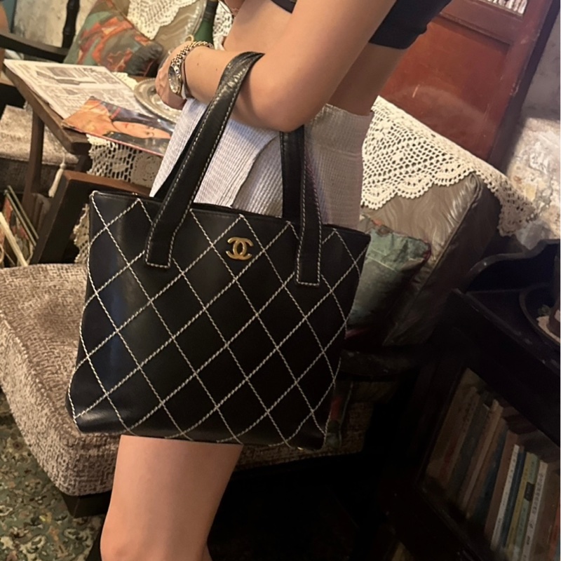 香奈兒 中古 黑色 菱格皮革托特包 包包 chanel vintage tote bag-2