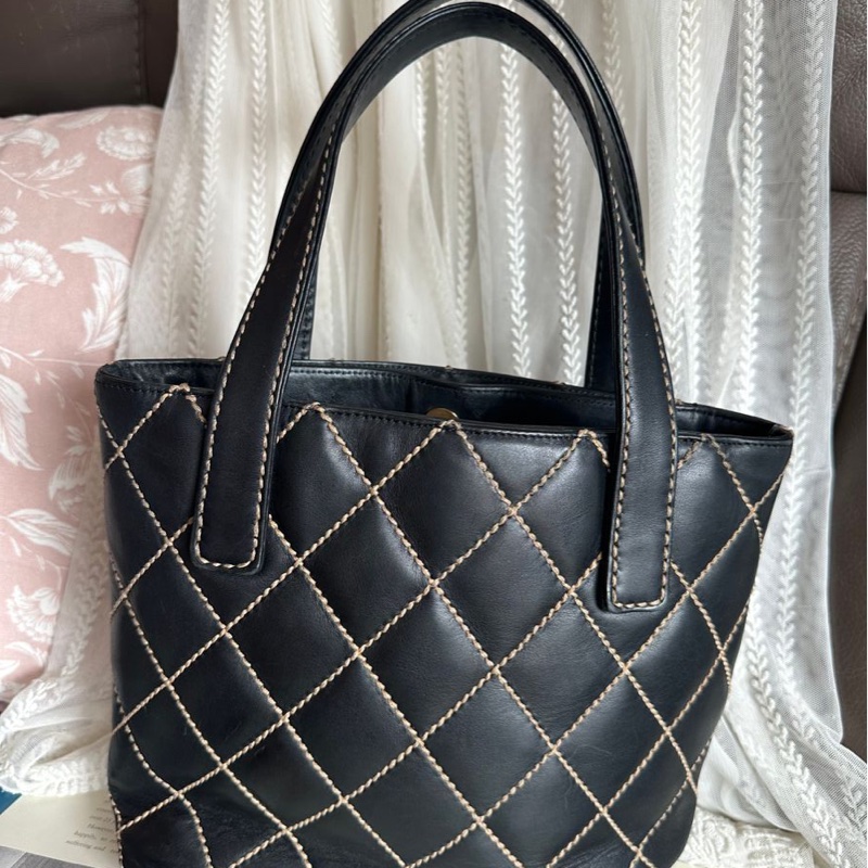 香奈兒 中古 黑色 菱格皮革托特包 包包 chanel vintage tote bag-3