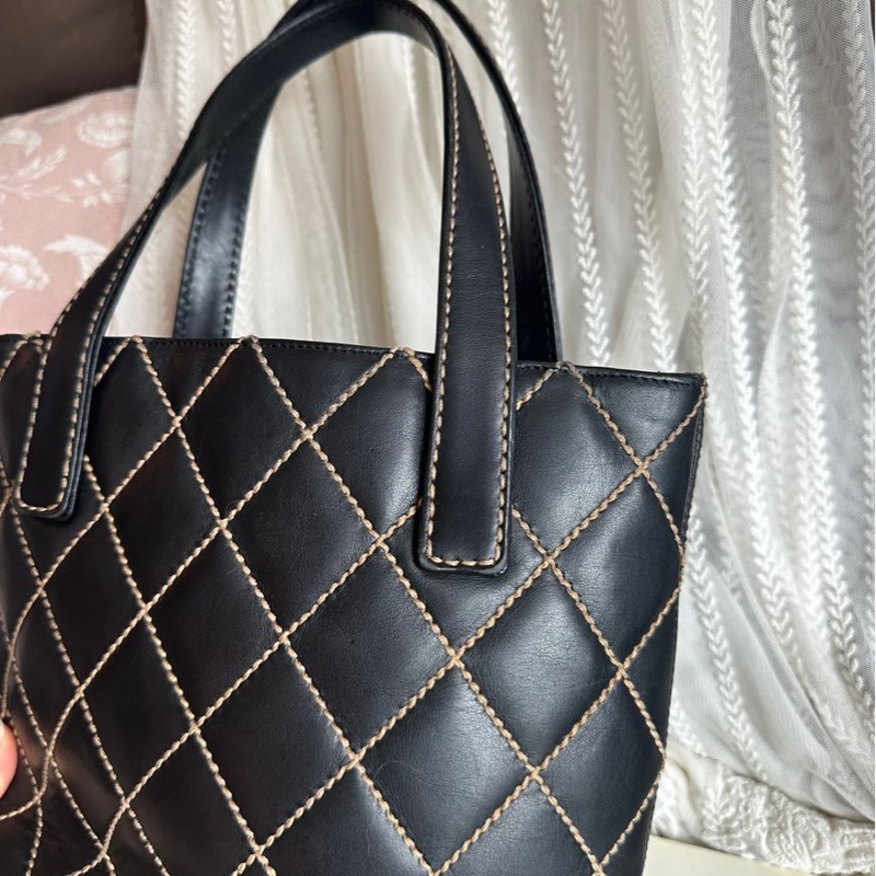 香奈兒 中古 黑色 菱格皮革托特包 包包 chanel vintage tote bag-4