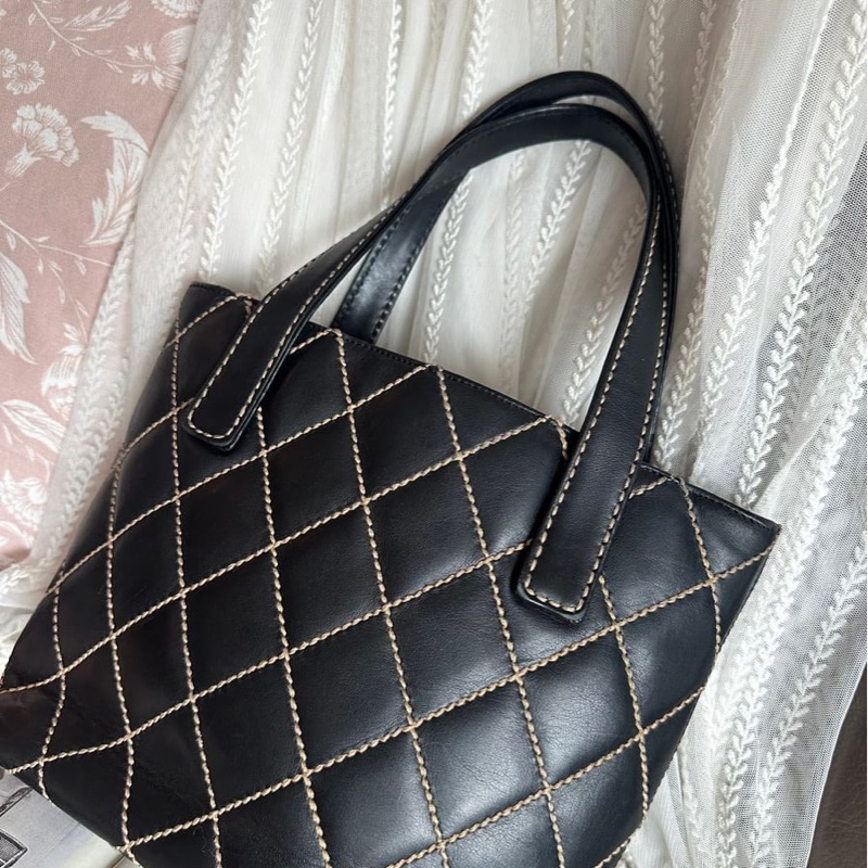 香奈兒 中古 黑色 菱格皮革托特包 包包 chanel vintage tote bag-5