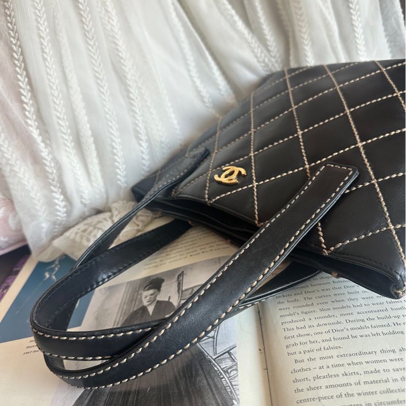 香奈兒 中古 黑色 菱格皮革托特包 包包 chanel vintage tote bag-9