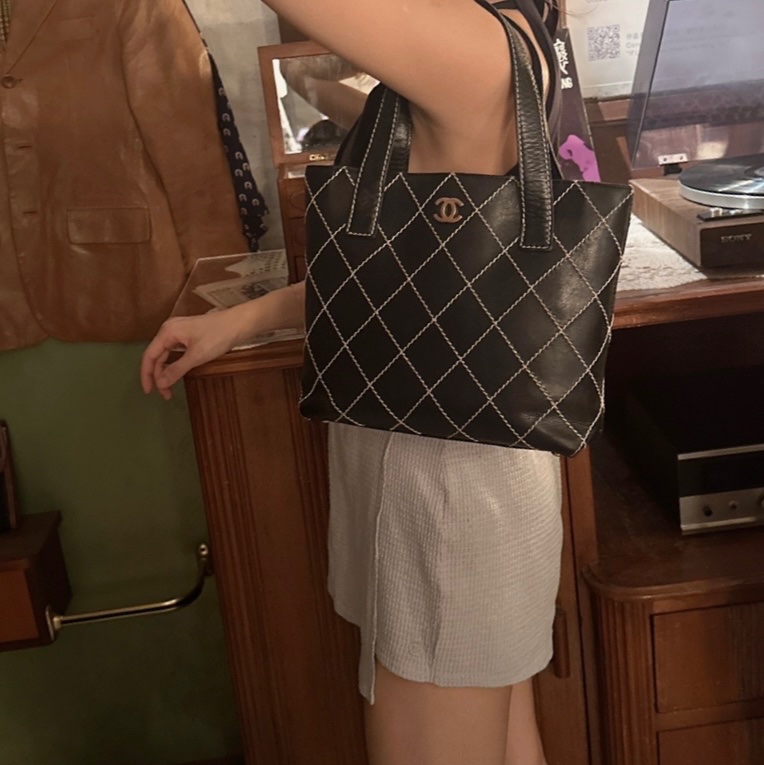 香奈兒 中古 黑色 菱格皮革托特包 包包 chanel vintage tote bag-11