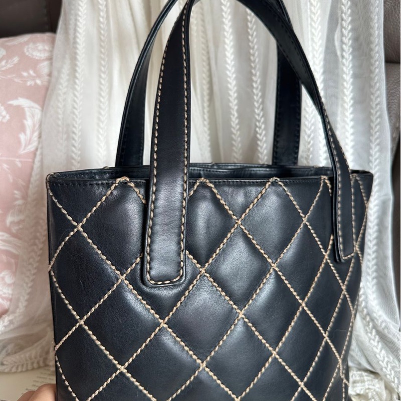 香奈兒 中古 黑色 菱格皮革托特包 包包 chanel vintage tote bag-15