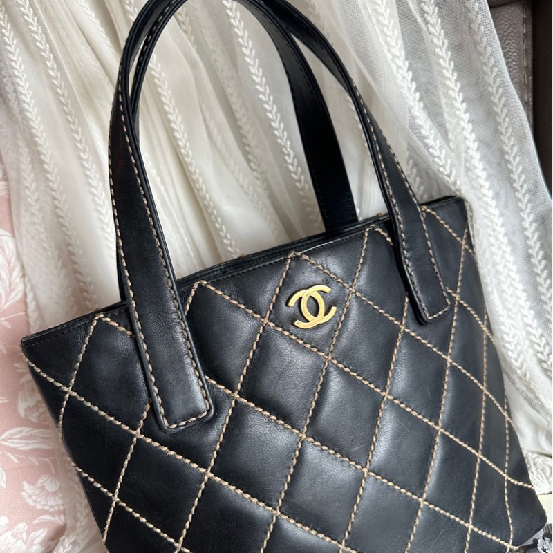 香奈兒 中古 黑色 菱格皮革托特包 包包 chanel vintage tote bag-18