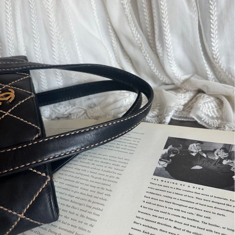 香奈兒 中古 黑色 菱格皮革托特包 包包 chanel vintage tote bag-19