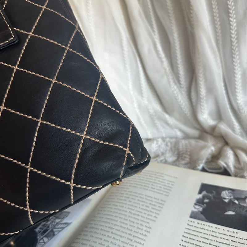香奈兒 中古 黑色 菱格皮革托特包 包包 chanel vintage tote bag-25