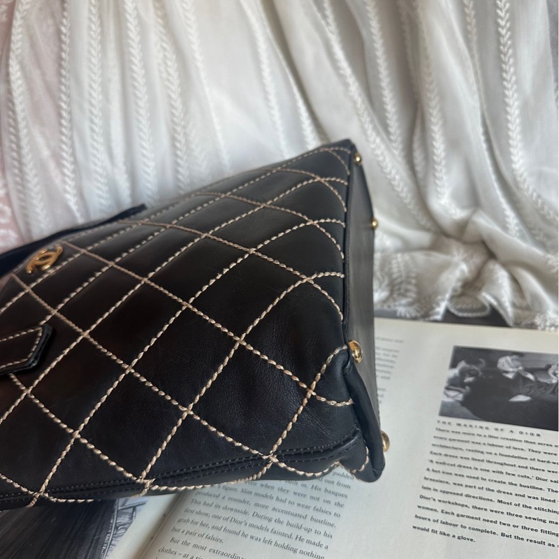 香奈兒 中古 黑色 菱格皮革托特包 包包 chanel vintage tote bag-26